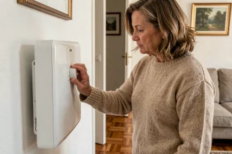 Femme réglant un accumulateur électrique dans un salon d'appartement français