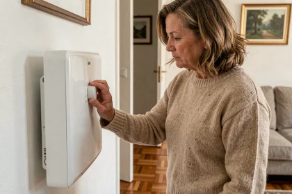 Femme réglant un accumulateur électrique dans un salon d'appartement français