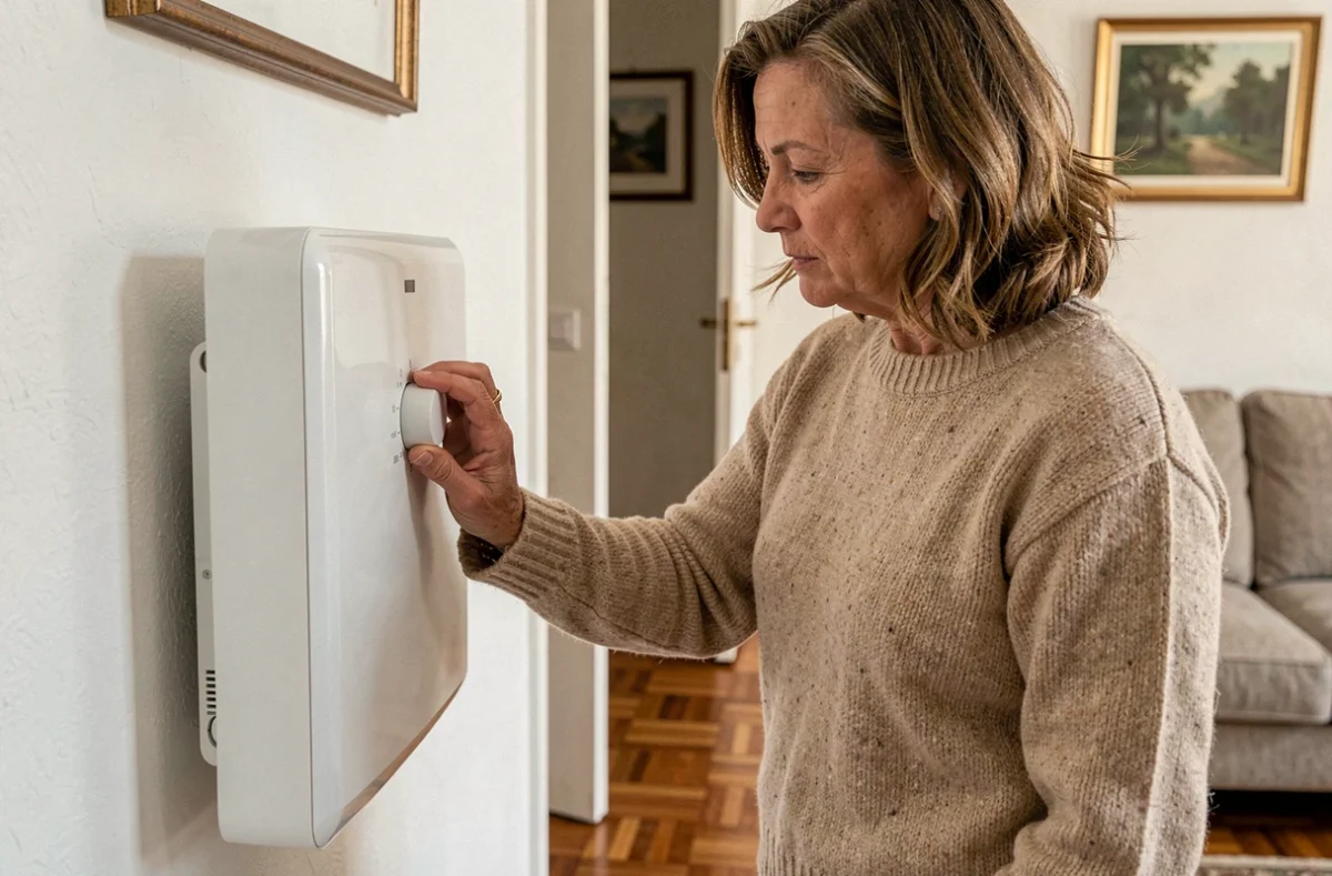 Femme réglant un accumulateur électrique dans un salon d'appartement français