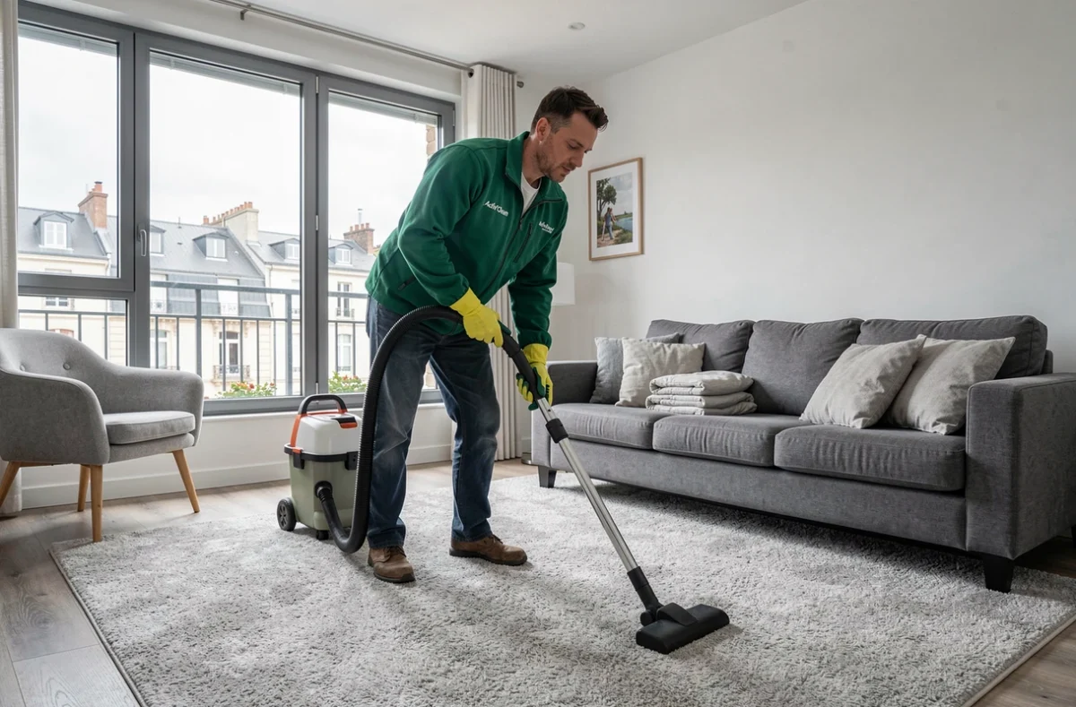Spécialiste Activ'Clean en train de passer l'aspirateur dans un appartement en Seine-Saint-Denis
