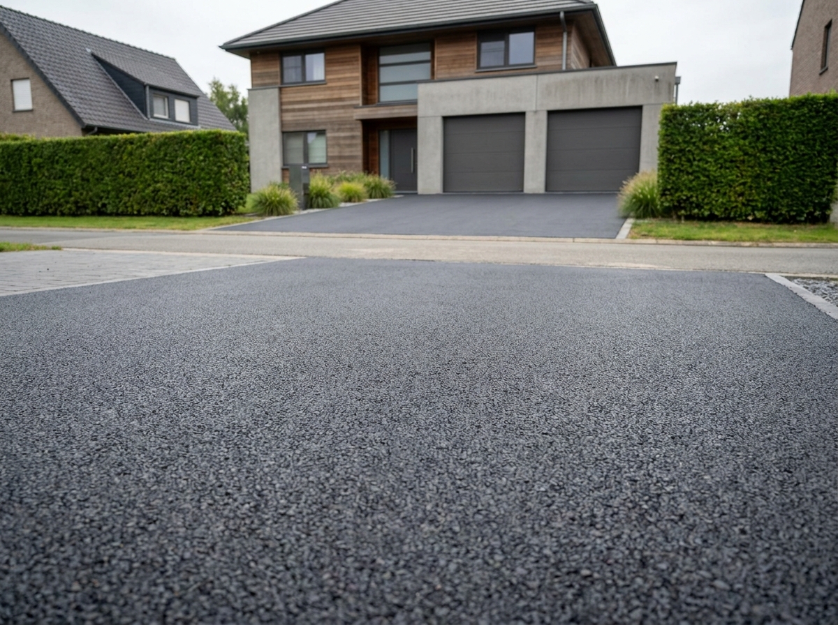 Allée de maison en enrobé bitumineux gris anthracite menant à un garage double, entourée de haies vertes soignées