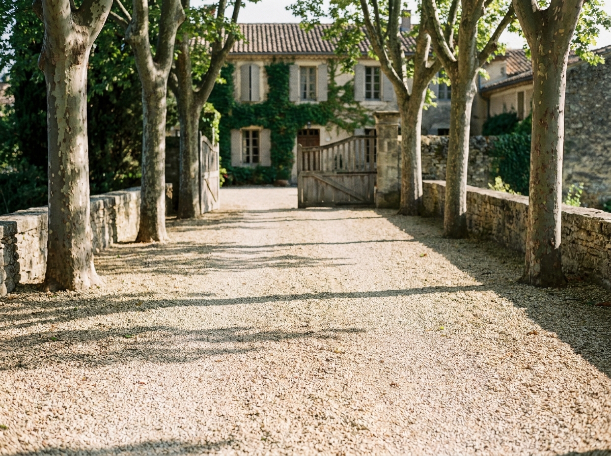 Allée en gravier calcaire beige devant une maison de campagne française, bordée d'arbres et d'un portail en bois