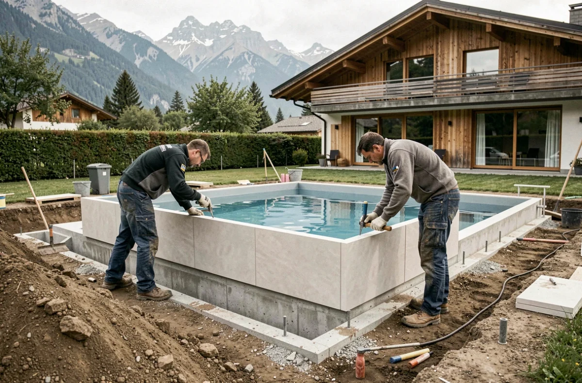 Équipe de construction de piscine Alp Leman Piscine installant un bassin rectangulaire dans un jardin alpin résidentiel
