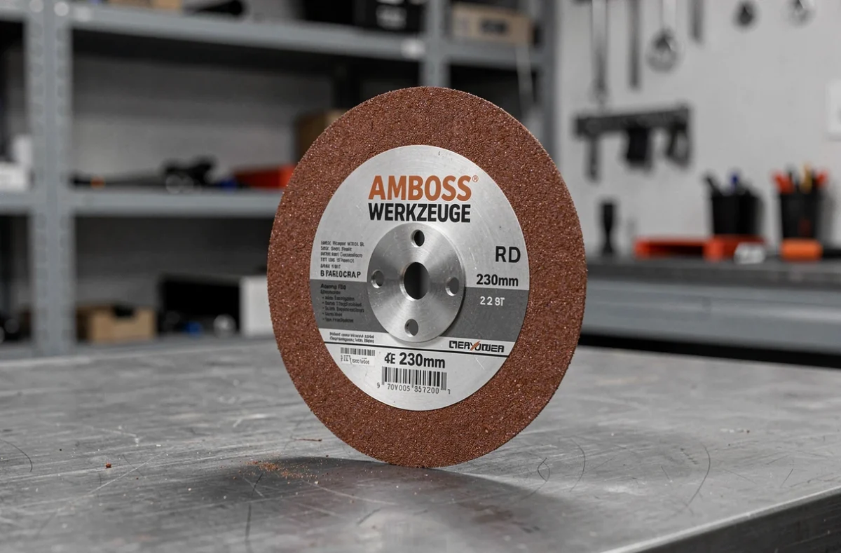 Disque à tronçonner AMBOSS WERKZEUGE 230 mm posé contre un établi en acier dans un atelier industriel
