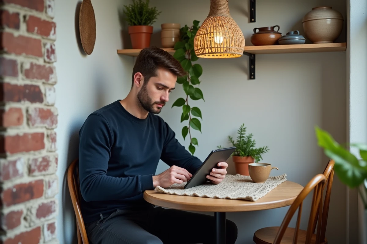 Jeune homme utilisant une application de décoration intérieure sur tablette dans un coin repas stylé et aménagé à moindre coût