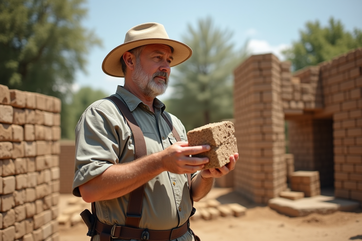 Architecte examinant des blocs de terre compressée sur un chantier écologique