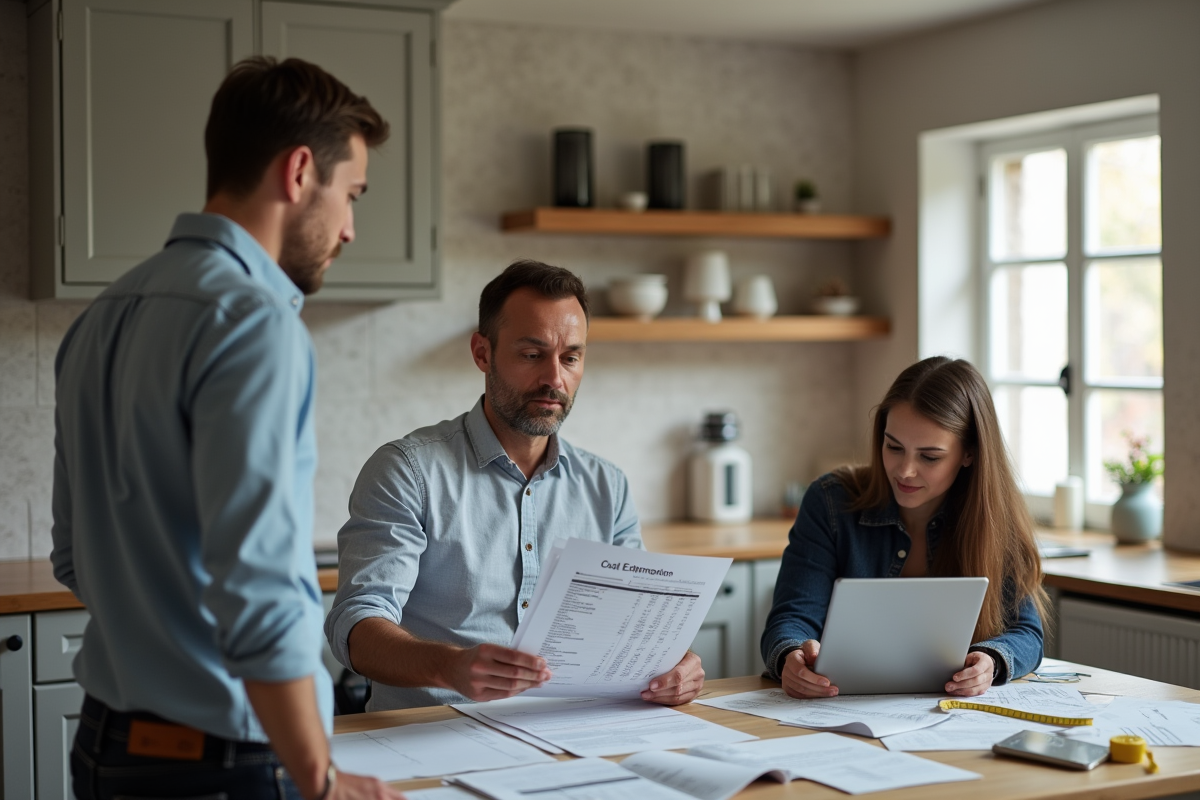 Architecte discutant avec couple dans cuisine en renovation