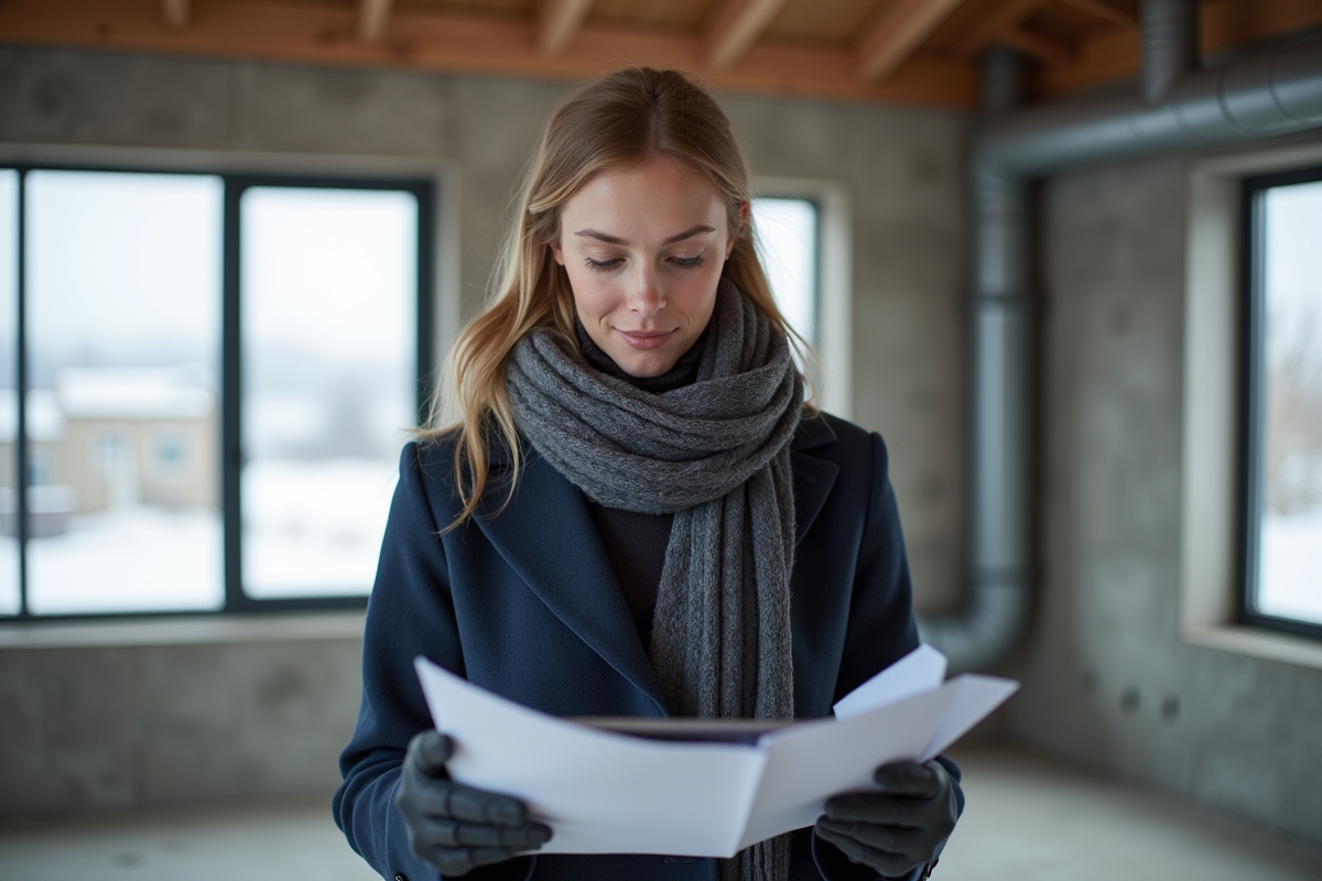 Jeune architecte islandaise examinant des plans dans une maison moderne