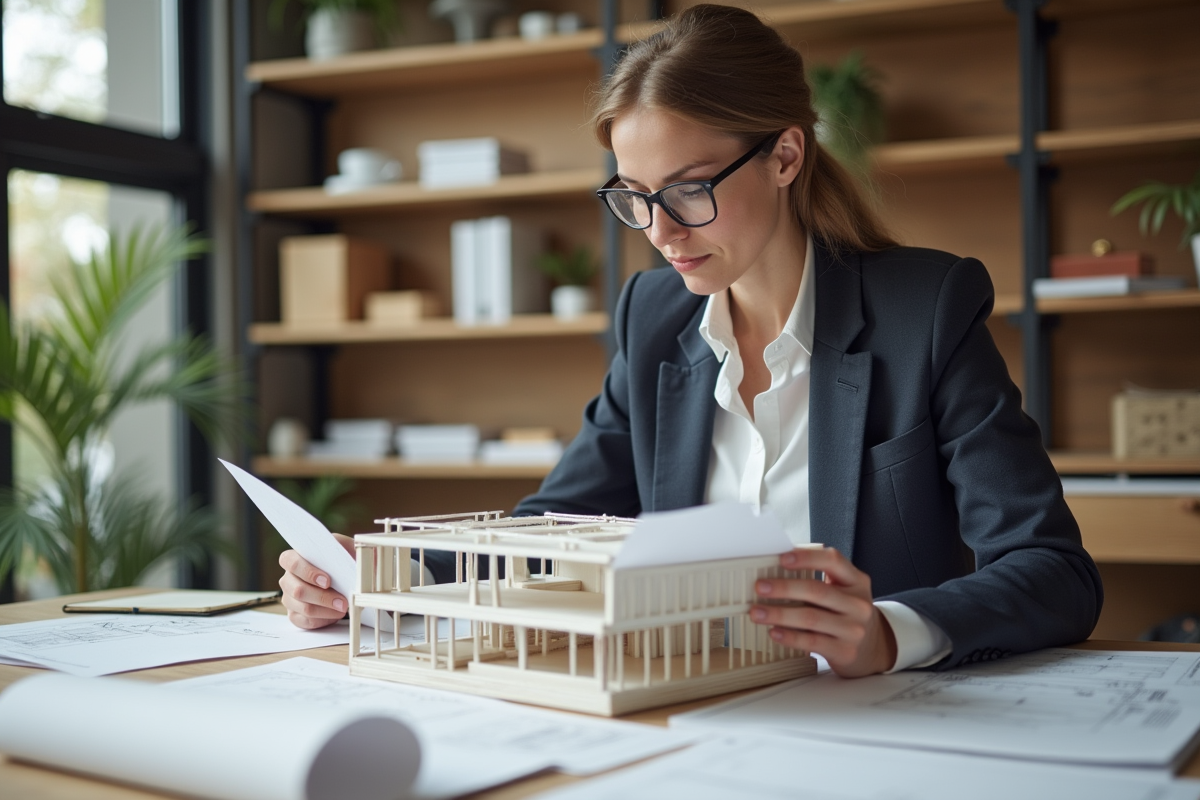 Jeune architecte examinant un modèle de toiture en bureau