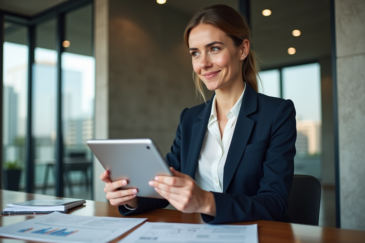 Jeune architecte présentant un projet avec une tablette en réunion
