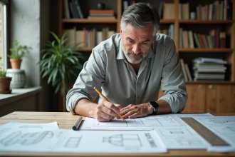 Architecte consultant un tableau de conversion mètres linéaires en mètres carrés sur une table à dessin