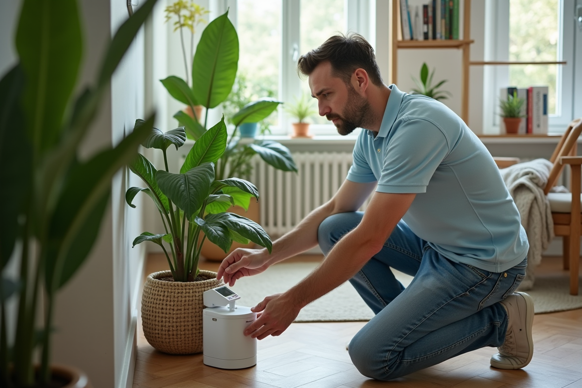 Homme en jeans ajuste un arroseur dans un salon lumineux