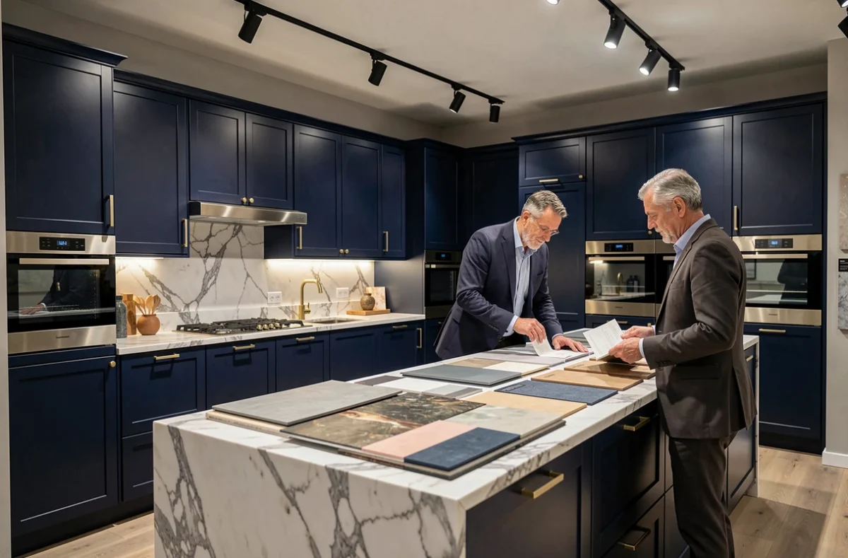 Cuisine haut de gamme Arthur Bonnet Strasbourg en bleu marine laqué avec quincaillerie laiton brossé et plan de travail en marbre Calacatta