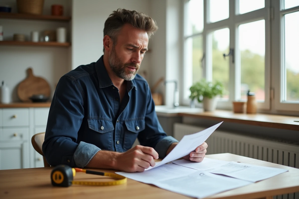 Artisan en visite chez un particulier consultant un devis de travaux posé sur une table en bois