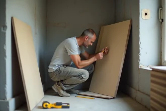 Artisan mesurant un panneau de placo isolant dans une petite pièce aux murs en béton brut