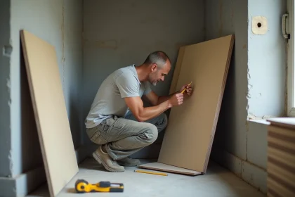 Artisan mesurant un panneau de placo isolant dans une petite pièce aux murs en béton brut