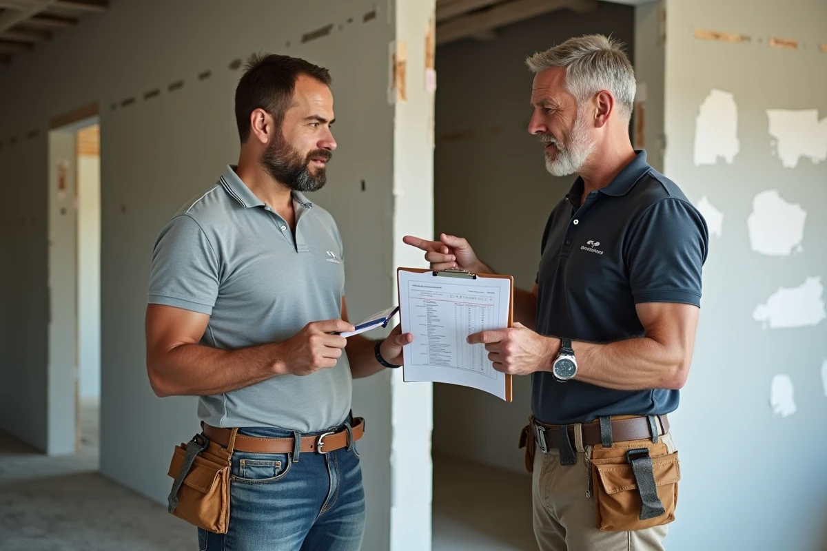 Deux artisans sur un chantier de rénovation discutant d'un devis travaux avec un clipboard