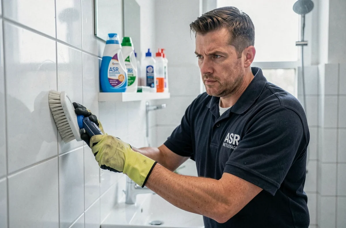 Technicien ASR Nettoyage en intervention dans une salle de bain en Seine-Saint-Denis