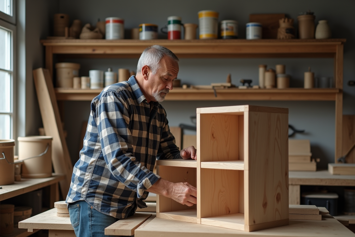 Homme moyenâgeux assemble un meuble en bois dans son atelier