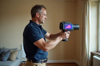 Auditeur thermique utilisant une caméra infrarouge pour inspecter les murs d'une maison lors d'un audit énergétique