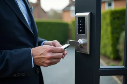 Homme d'affaires utilisant un badge RFID sur un digicode de portail résidentiel en inox brossé