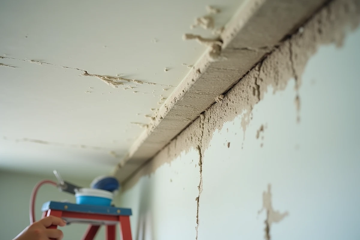 Bande armée en fibre de verre appliquée sur une fissure de plafond avec de l'enduit en gros plan