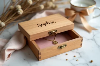 Boîte à bijoux personnalisée en bois gravé au prénom Sophie, ouverte sur un intérieur en velours rose avec un collier doré, posée sur du marbre blanc