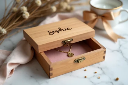 Boîte à bijoux personnalisée en bois gravé au prénom Sophie, ouverte sur un intérieur en velours rose avec un collier doré, posée sur du marbre blanc