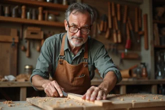 Sculpteur sur bois utilisant correctement une gouge à bois sur un établi en atelier, démonstration de la bonne technique de tenue de l'outil