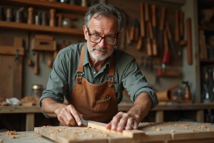 Sculpteur sur bois utilisant correctement une gouge à bois sur un établi en atelier, démonstration de la bonne technique de tenue de l'outil