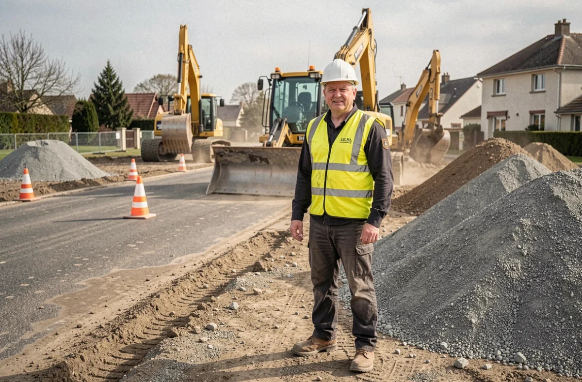 Ouvrier de Bourgeois Entreprise Travaux Publics supervisant un chantier de voirie publique en banlieue parisienne