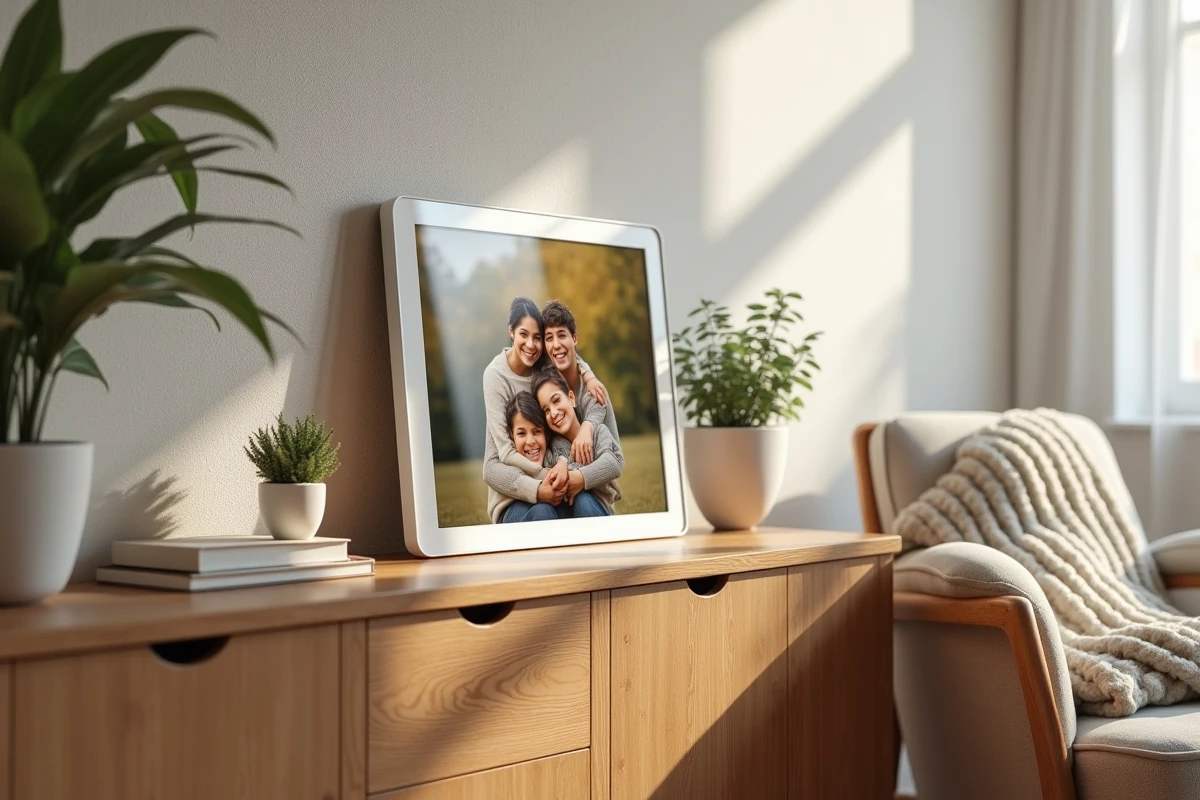 Cadre photo numérique blanc posé sur un meuble en bois dans un salon scandinave affichant une photo de famille