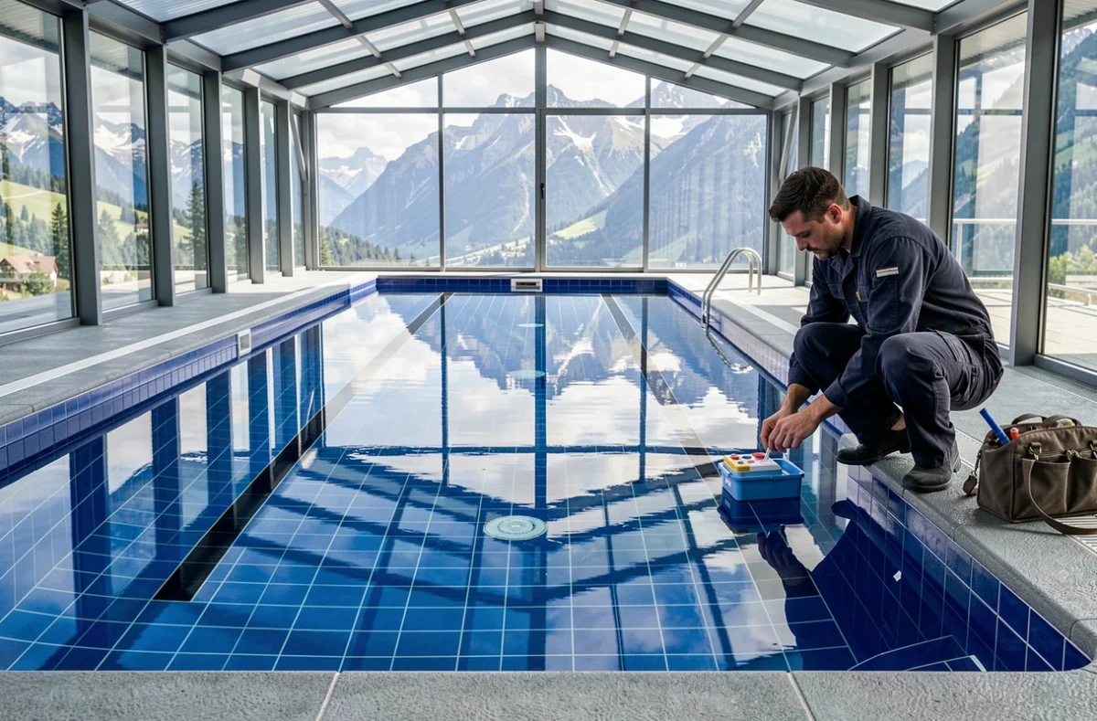 Technicien Carré Bleu Haute-Savoie contrôlant la qualité de l'eau d'un bassin carrelé aux tons bleus avec vue sur les Alpes