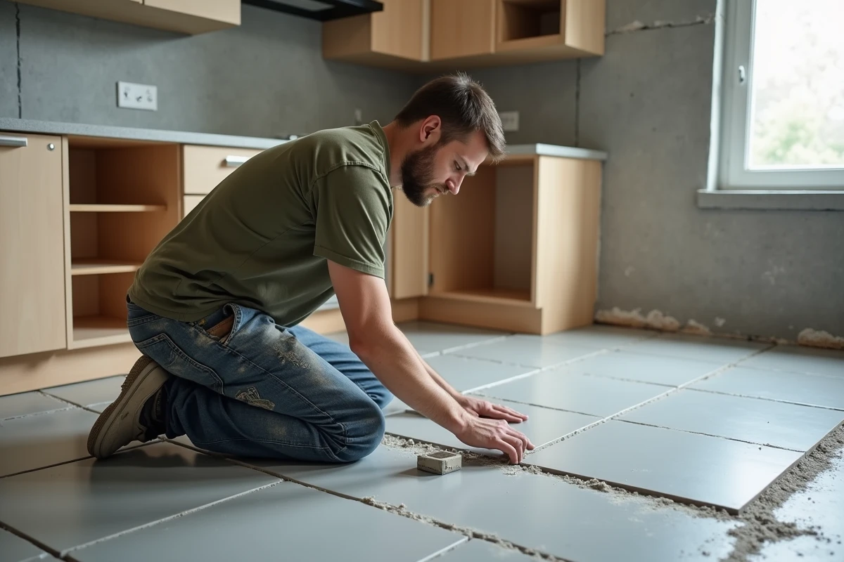 Carreleur professionnel posant un carrelage grand format en cuisine lors d'une rénovation