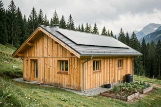 Chalet en bois habitable de 80m2 livré monté avec panneaux solaires sur toiture et jardin écologique en arrière-plan