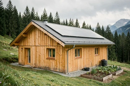 Chalet en bois habitable de 80m2 livré monté avec panneaux solaires sur toiture et jardin écologique en arrière-plan