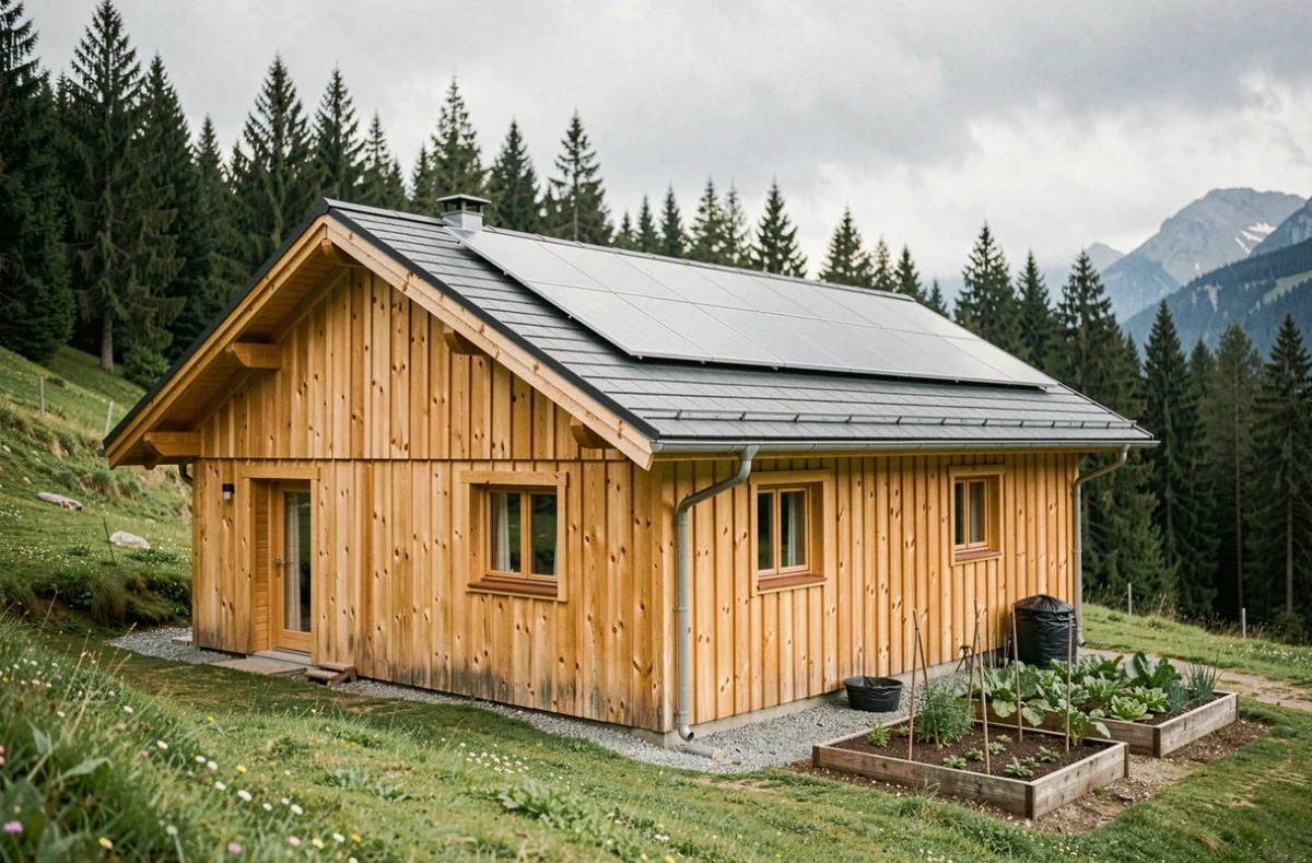 Chalet en bois habitable de 80m2 livré monté avec panneaux solaires sur toiture et jardin écologique en arrière-plan