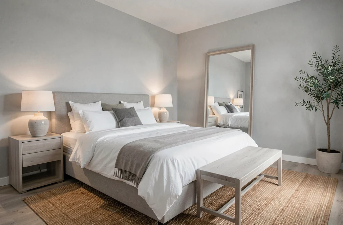 Chambre principale mise en scène par une agence de décoration lilloise pour valoriser un bien immobilier à la revente