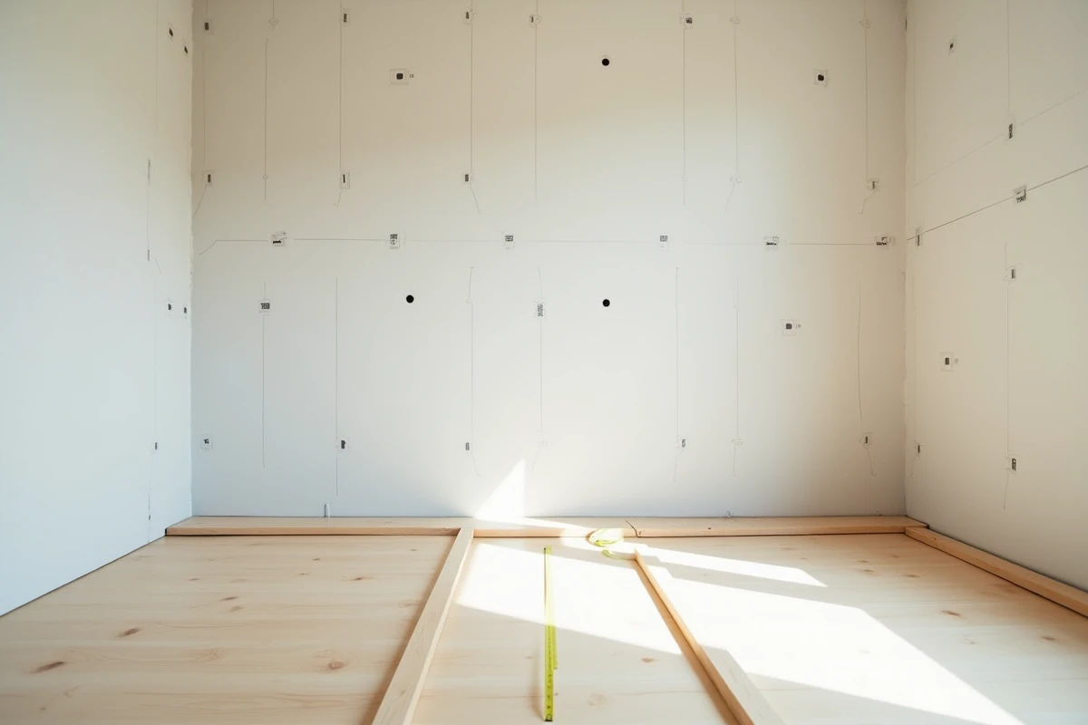 Petite chambre rénovée avec des plaques de placo isolant posées sur les murs, illustrant la réduction de l'espace disponible