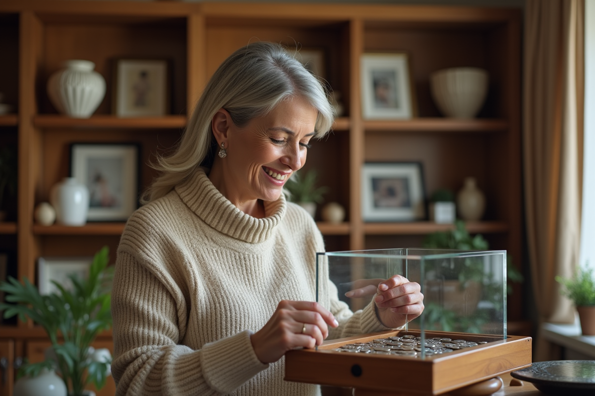 Femme d'âge moyen arrangeant des pièces de monnaie vintage dans un meuble