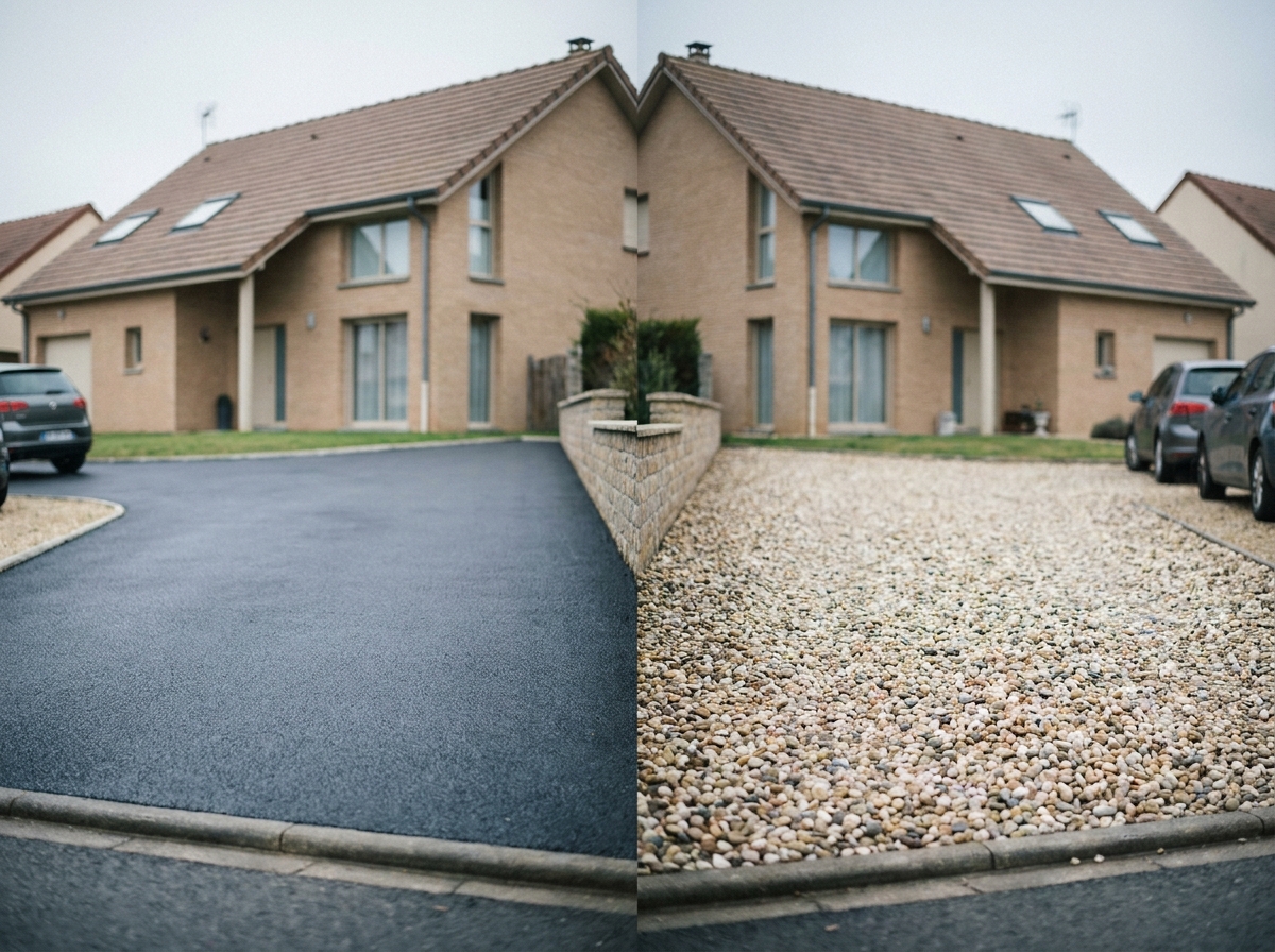 Comparaison côte à côte d'une allée en enrobé et d'une allée en gravier devant deux maisons résidentielles similaires