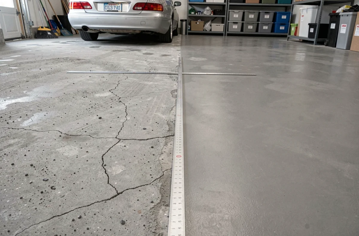 Comparaison avant-après d'un sol de garage en béton brut non traité et scellé