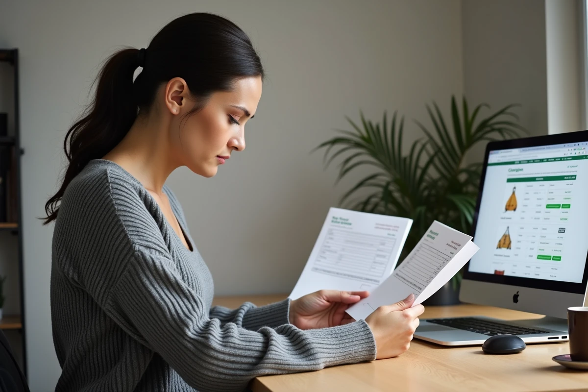 Femme comparant plusieurs devis de travaux en ligne et sur papier depuis son bureau à domicile