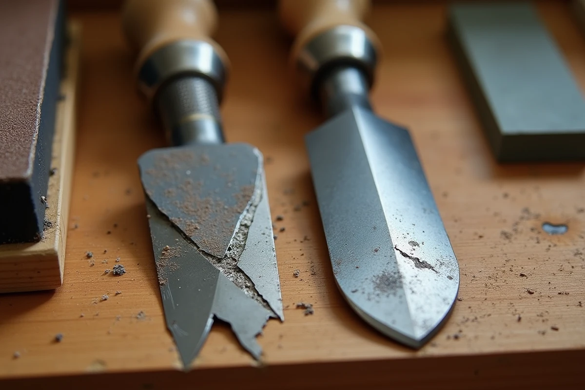 Comparaison d'une gouge à bois mal entretenue avec lame ébréchée et rouillée face à une gouge correctement affûtée sur un établi d'atelier