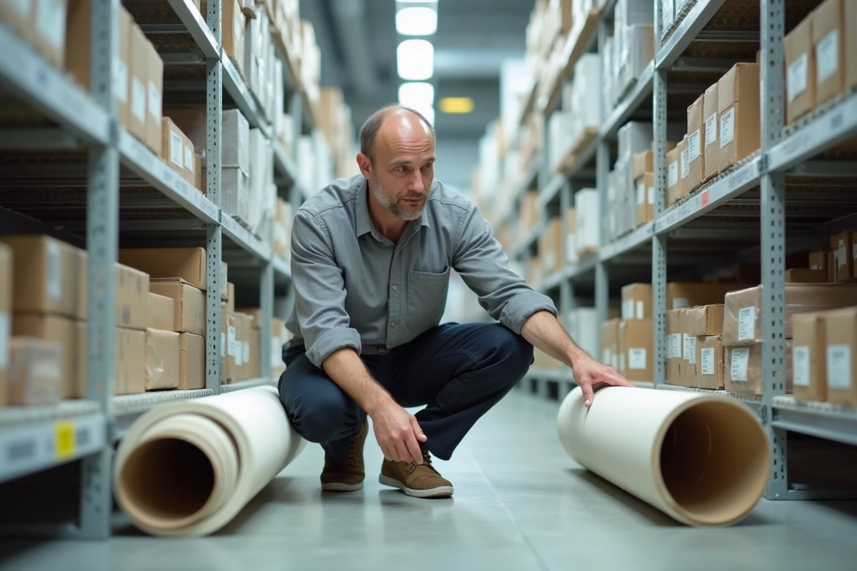 Homme comparant deux rouleaux de toile enduite dans le rayon d'un magasin de beaux-arts