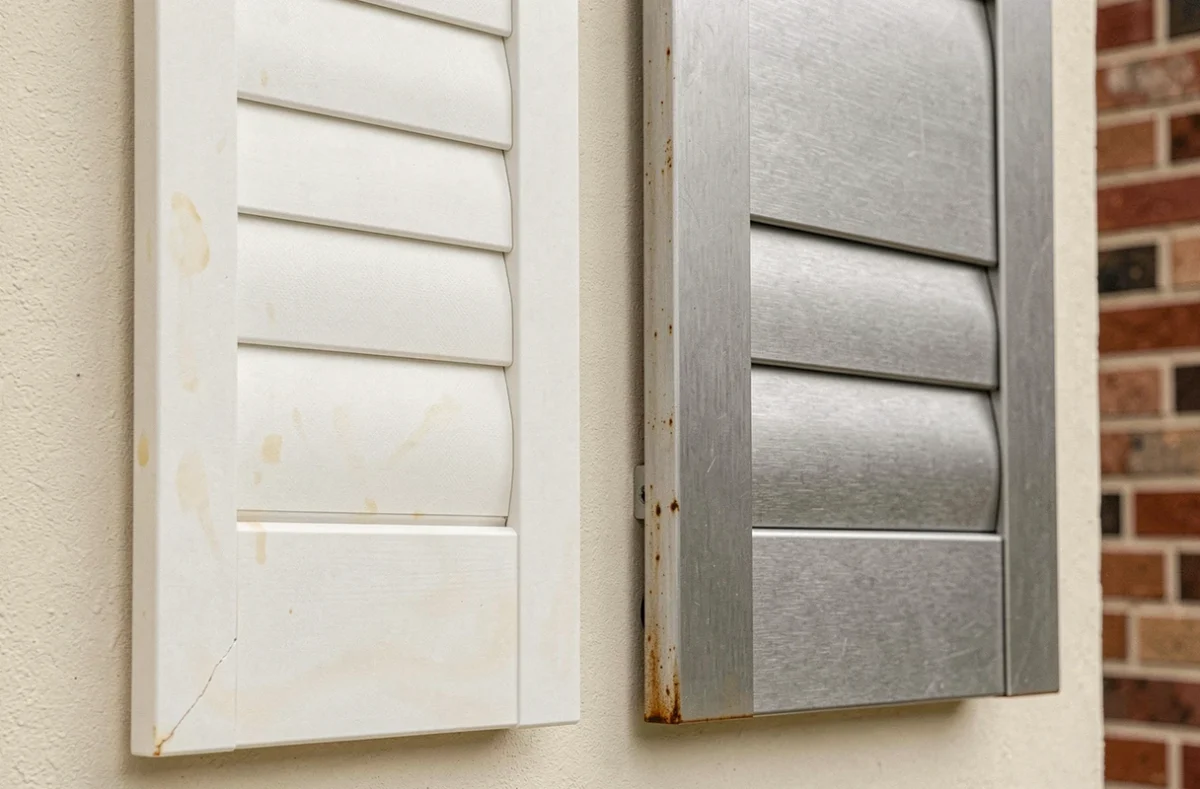 Comparaison côte à côte d'un volet battant PVC et d'un volet battant aluminium sur mur extérieur