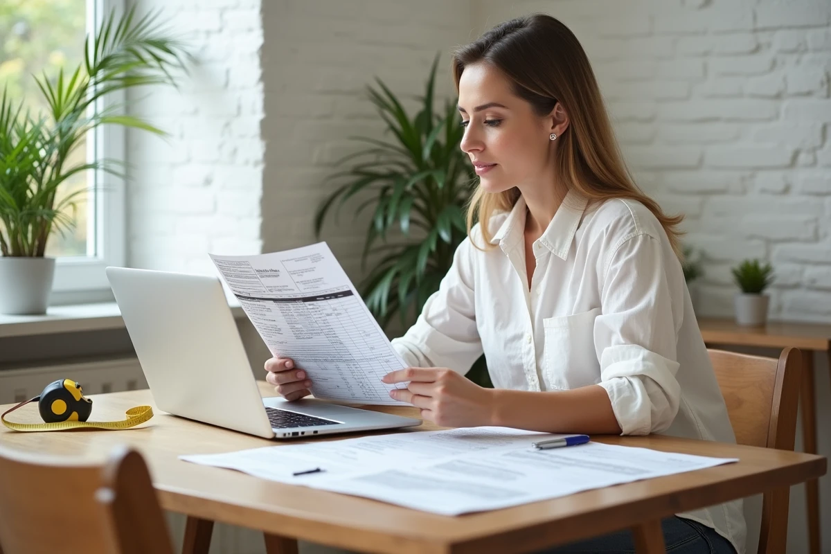 Une femme comparant des devis de pose de carrelage au m2 pour négocier le meilleur prix
