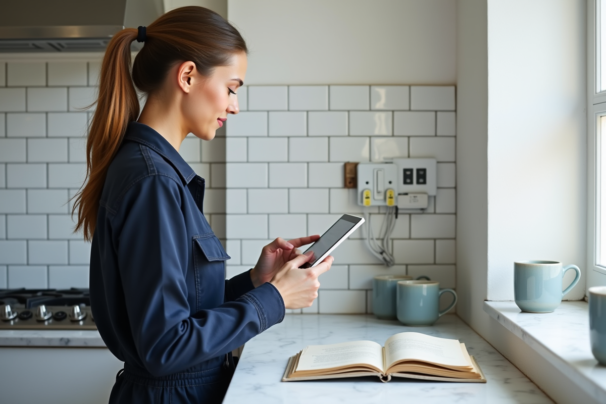 Jeune femme configurant un interrupteur connecté dans sa cuisine lumineuse