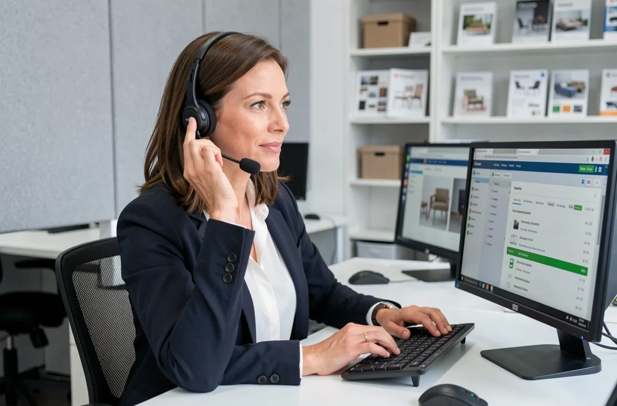Conseillère service client AMEUBLEA LOG au téléphone devant un logiciel de suivi de livraison de meubles