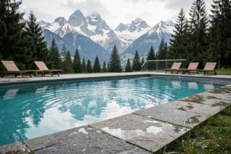 Piscine extérieure de luxe avec vue sur les Alpes en Haute-Savoie, eau turquoise et terrasse en pierre naturelle